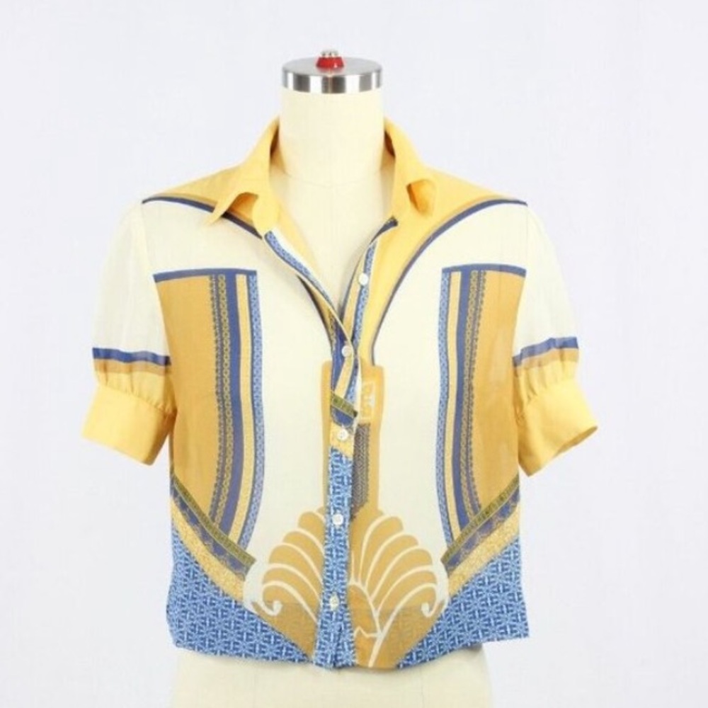 FARM RIO Yellow Blue White Scarf Print Chiffon Cropped Button Up Blouse, Size P